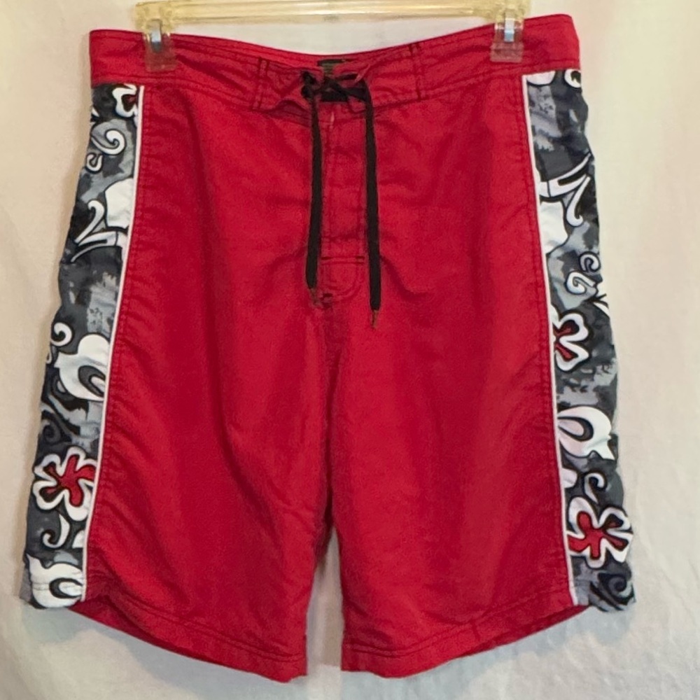 H-25 Men’s RS Surf Red Gray & White Floral Side Seam Summer Swim Board‎ Shorts